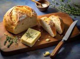Foil wrapped processed cream cheese, table knife and slice of bread on a cutting board over blue wooden table. Small triangular pieces of soft cheese. Created with Generative AI technology. photo