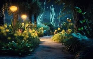 Panoramic Photo of LED Light Posts Illuminated Backyard Garden During Night Hours. Modern Backyard Outdoor Lighting Systems. Created with Generative AI technology.