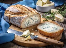 Foil wrapped processed cream cheese, table knife and slice of bread on a cutting board over blue wooden table. Small triangular pieces of soft cheese. Created with Generative AI technology. photo