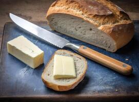 Foil wrapped processed cream cheese, table knife and slice of bread on a cutting board over blue wooden table. Small triangular pieces of soft cheese. Created with Generative AI technology. photo