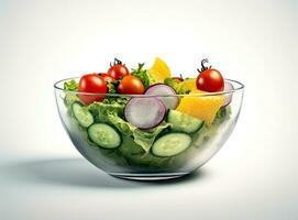 Green salad with tomato and fresh vegetables isolated on white background. Created with Generative AI technology. photo