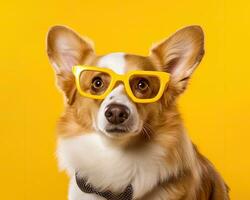 Cute corgi dog looking at laptop in glasses on yellow background. Created with Generative AI technology. photo