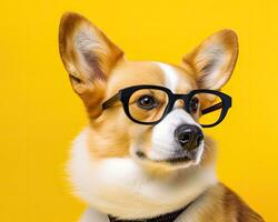 Cute corgi dog looking at laptop in glasses on yellow background. Created with Generative AI technology. photo