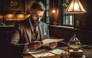 Close up young businessman entrepreneur in formal wear opening envelope with paperwork correspondence, male manager employee unpacking banking notification, Created with Generative AI technology. photo