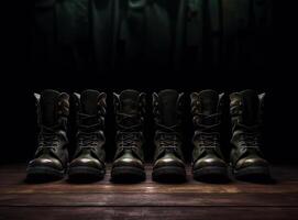 Military boots on the legs of soldiers in a row. Created with Generative AI technology. photo