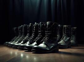 Military boots on the legs of soldiers in a row. Created with Generative AI technology. photo
