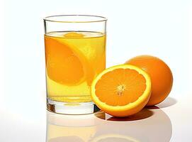 vaso de naranja jugo con naranja sacos y rebanadas frutas aislar en blanco antecedentes. creado con generativo ai tecnología. foto