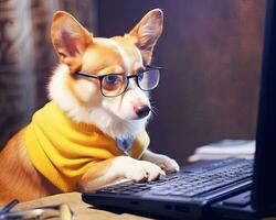 Cute corgi dog looking at laptop in glasses on yellow background. Created with Generative AI technology. photo