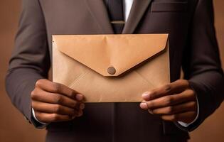 Close up young businessman entrepreneur in formal wear opening envelope with paperwork correspondence, male manager employee unpacking banking notification, Created with Generative AI technology. photo
