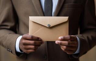 Close up young businessman entrepreneur in formal wear opening envelope with paperwork correspondence, male manager employee unpacking banking notification, Created with Generative AI technology. photo