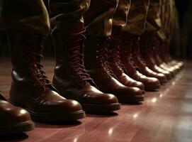 Military boots on the legs of soldiers in a row. Created with Generative AI technology. photo