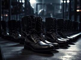 Military boots on the legs of soldiers in a row. Created with Generative AI technology. photo