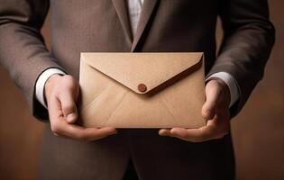 Close up young businessman entrepreneur in formal wear opening envelope with paperwork correspondence, male manager employee unpacking banking notification, Created with Generative AI technology. photo