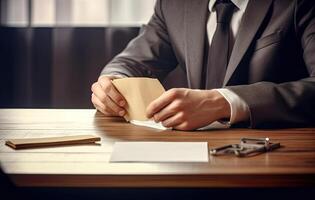 Close up young businessman entrepreneur in formal wear opening envelope with paperwork correspondence, male manager employee unpacking banking notification, Created with Generative AI technology. photo