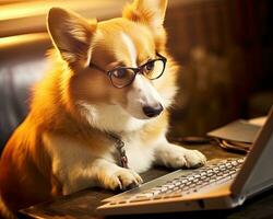 linda corgi perro mirando a ordenador portátil en lentes en amarillo antecedentes. creado con generativo ai tecnología. foto