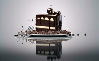 Pouring chocolate sauce onto delicious fresh cake on grey table, closeup. Created with Generative AI technology. photo