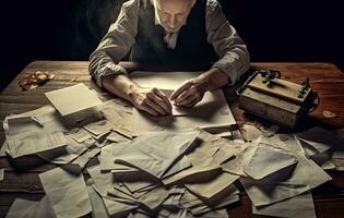 Close up young businessman entrepreneur in formal wear opening envelope with paperwork correspondence, male manager employee unpacking banking notification, Created with Generative AI technology. photo