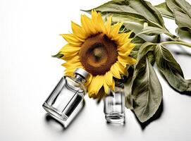 Sunflower oil, seeds and flower isolated on white background. Created with Generative AI technology. photo
