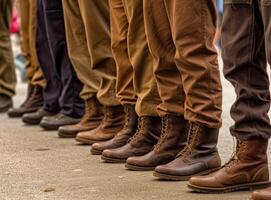 Military boots on the legs of soldiers in a row. Created with Generative AI technology. photo