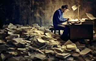 Close up young businessman entrepreneur in formal wear opening envelope with paperwork correspondence, male manager employee unpacking banking notification, Created with Generative AI technology. photo