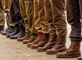 Military boots on the legs of soldiers in a row. Created with Generative AI technology. photo