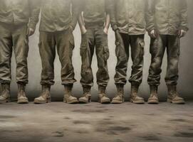 Military boots on the legs of soldiers in a row. Created with Generative AI technology. photo