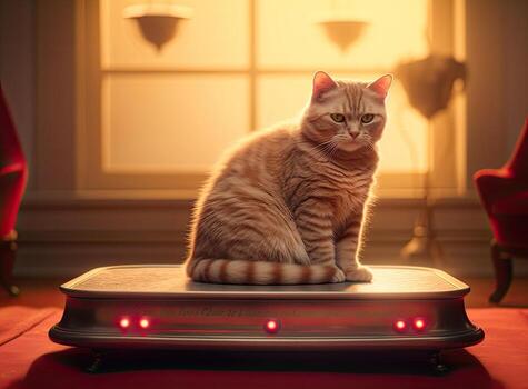 Funny cat sitting on the robot in the living room at home with sofa. Ginger cat, watches the robot with a cleaner, touches it with its paw, runs after robot. Created with Generative AI technology. photo