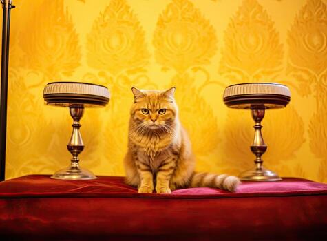 Funny cat sitting on the robot in the living room at home with sofa. Ginger cat, watches the robot with a cleaner, touches it with its paw, runs after robot. Created with Generative AI technology. photo