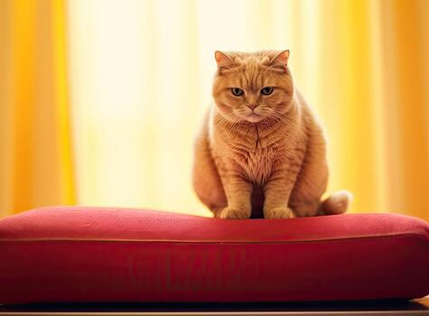 Funny cat sitting on the robot in the living room at home with sofa. Ginger cat, watches the robot with a cleaner, touches it with its paw, runs after robot. Created with Generative AI technology. photo