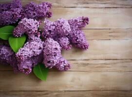 beautiful branch of lilac flowers on a dark green blurred background. long natural banner. concept for spring greetings. space for text. Created with Generative AI technology. photo