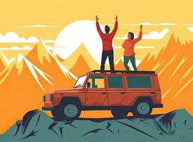 young people sitting on top of an SUV on top of a mountain enjoying the scenery. Created using generative AI technology. photo