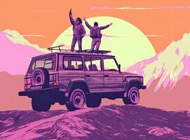 young people sitting on top of an SUV on top of a mountain enjoying the scenery. Created using generative AI technology. photo