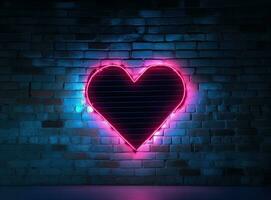 Neon heart with a glow on the background of a dark brick wall. Neon sign pink and blue. Created with Generative AI technology. photo