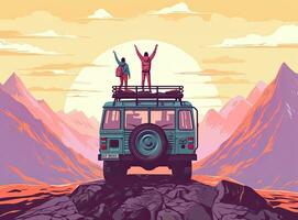 young people sitting on top of an SUV on top of a mountain enjoying the scenery. Created using generative AI technology. photo