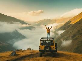 young people sitting on top of an SUV on top of a mountain enjoying the scenery. Created using generative AI technology. photo