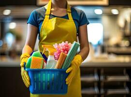 Cleaning lady holding a bucket of cleaning products in her hands on a blurred background. Created with Generative AI technology. photo