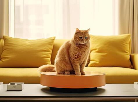 Funny cat sitting on the robot in the living room at home with sofa. Ginger cat, watches the robot with a cleaner, touches it with its paw, runs after robot. Created with Generative AI technology. photo