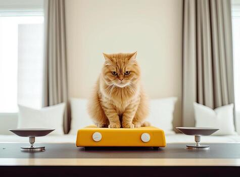 Funny cat sitting on the robot in the living room at home with sofa. Ginger cat, watches the robot with a cleaner, touches it with its paw, runs after robot. Created with Generative AI technology. photo
