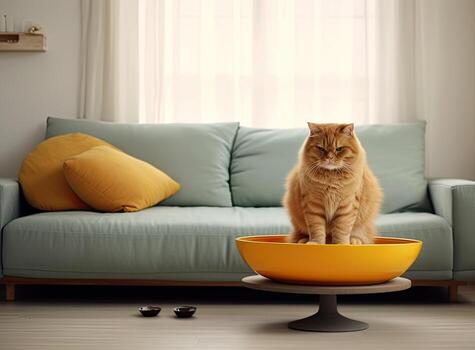 Funny cat sitting on the robot in the living room at home with sofa. Ginger cat, watches the robot with a cleaner, touches it with its paw, runs after robot. Created with Generative AI technology. photo