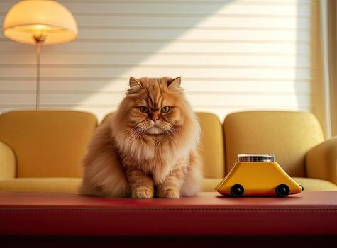 Funny cat sitting on the robot in the living room at home with sofa. Ginger cat, watches the robot with a cleaner, touches it with its paw, runs after robot. Created with Generative AI technology. photo