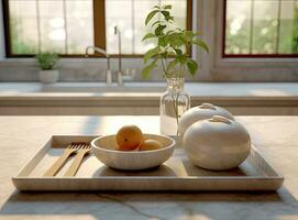 Different clean plates in dish drying rack on kitchen counter. Created with Generative AI technology. photo