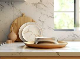 Different clean plates in dish drying rack on kitchen counter. Created with Generative AI technology. photo