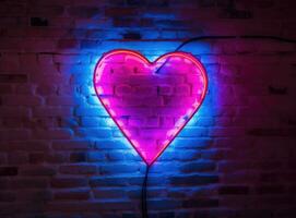 Neon heart with a glow on the background of a dark brick wall. Neon sign pink and blue. Created with Generative AI technology. photo