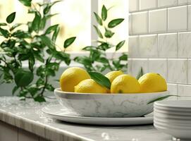 Different clean plates in dish drying rack on kitchen counter. Created with Generative AI technology. photo