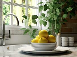 Different clean plates in dish drying rack on kitchen counter. Created with Generative AI technology. photo