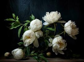 Fresh white peony flowers on dark table background. Condolence card. Empty place for emotional, sentimental text, quote or sayings. Closeup. Created with Generative AI technology. photo