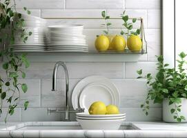 Different clean plates in dish drying rack on kitchen counter. Created with Generative AI technology. photo