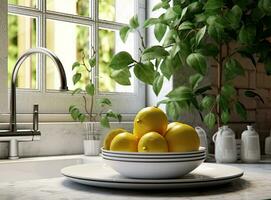 Different clean plates in dish drying rack on kitchen counter. Created with Generative AI technology. photo
