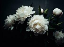 Fresh white peony flowers on dark table background. Condolence card. Empty place for emotional, sentimental text, quote or sayings. Closeup. Created with Generative AI technology. photo