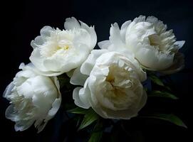 Fresh white peony flowers on dark table background. Condolence card. Empty place for emotional, sentimental text, quote or sayings. Closeup. Created with Generative AI technology. photo